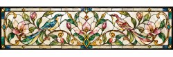 Horizontale raamfolie glas in lood met vogels en sierlijke bloemen